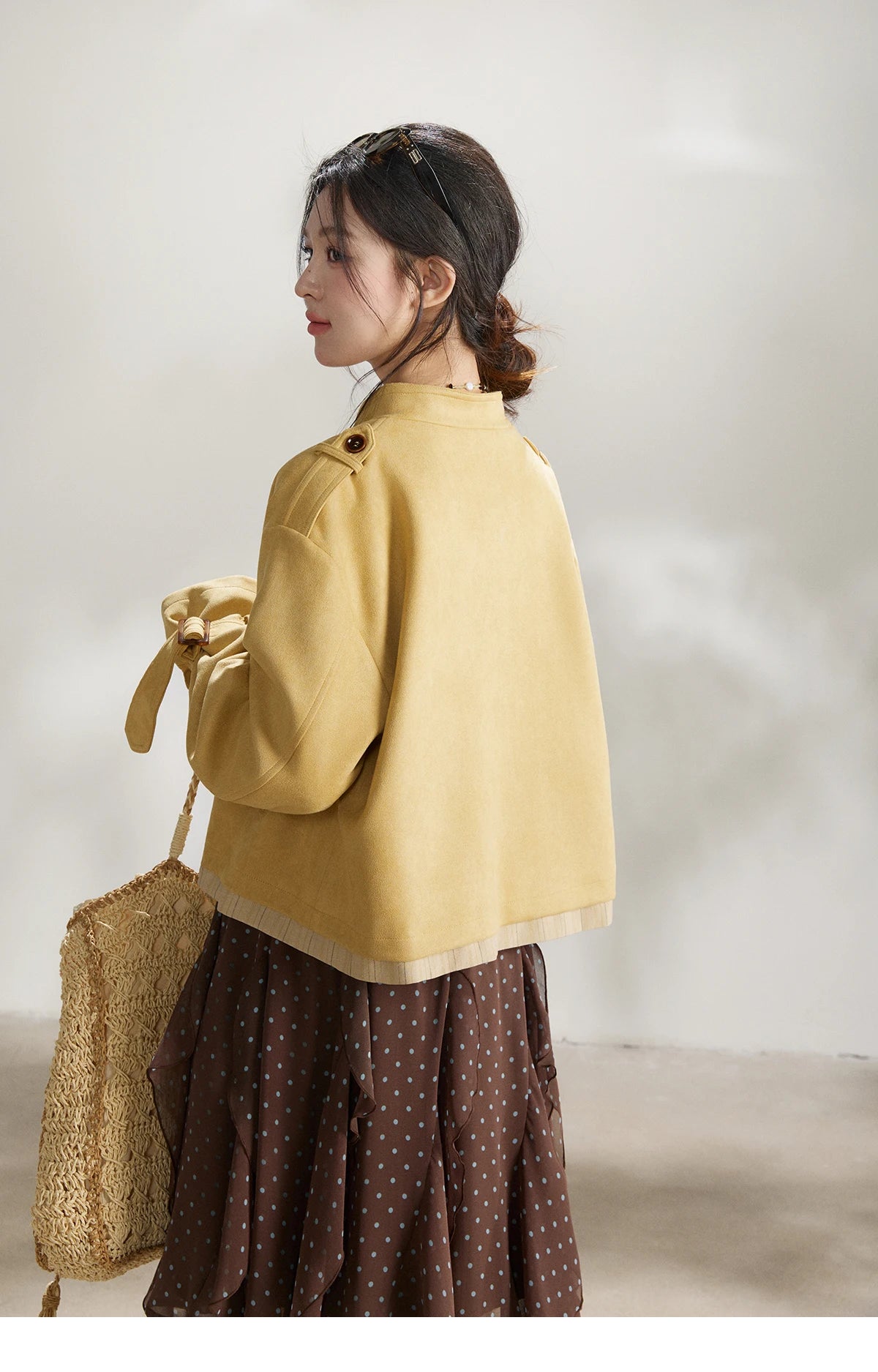 MISHOW Women's Yellow Double-Breasted Trench Stand Collar Coat Adjustable Cuffs Splicing Striped Hem Casual Outerwear MXF11W1026