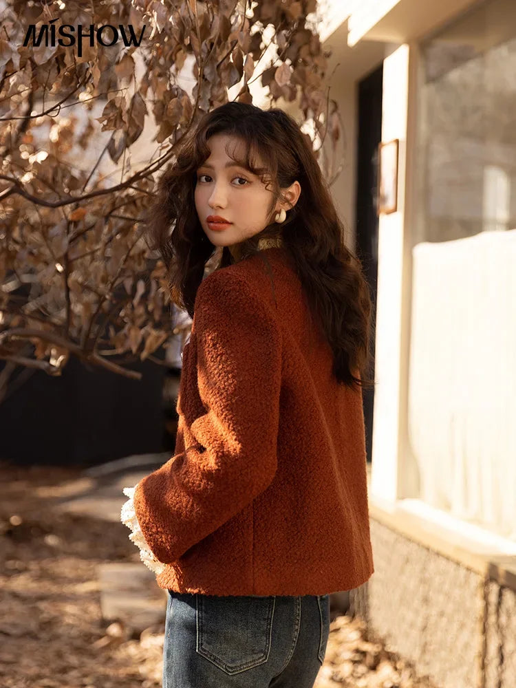 MISHOW Wool Coat for Women Winter Korean Retro Lace Splicing Lamb Wool Button Pockets Thickened Warm Female Coat MXB43W0720