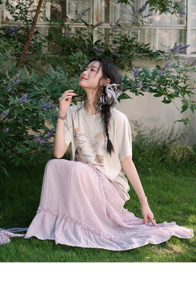 MISHOW Fashion Print T-shirts for women 2025 Summer New O-Neck Loose Casual Short Sleeve Cotton Top Female Clothing MXE36T0575