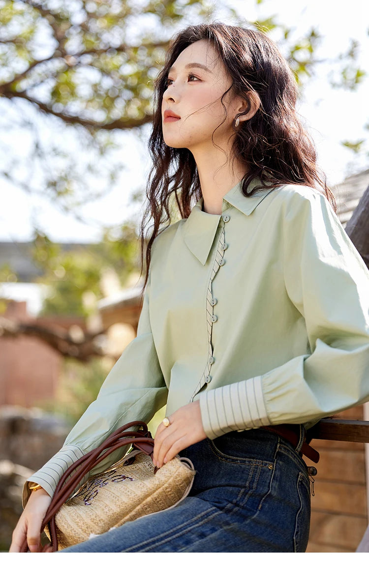 MISHOW Striped Patchwork Shirt for Women Spring 2025 Irregular Single Breasted Buckle Shirts Lapel Tops Office Lady MXE12C0412