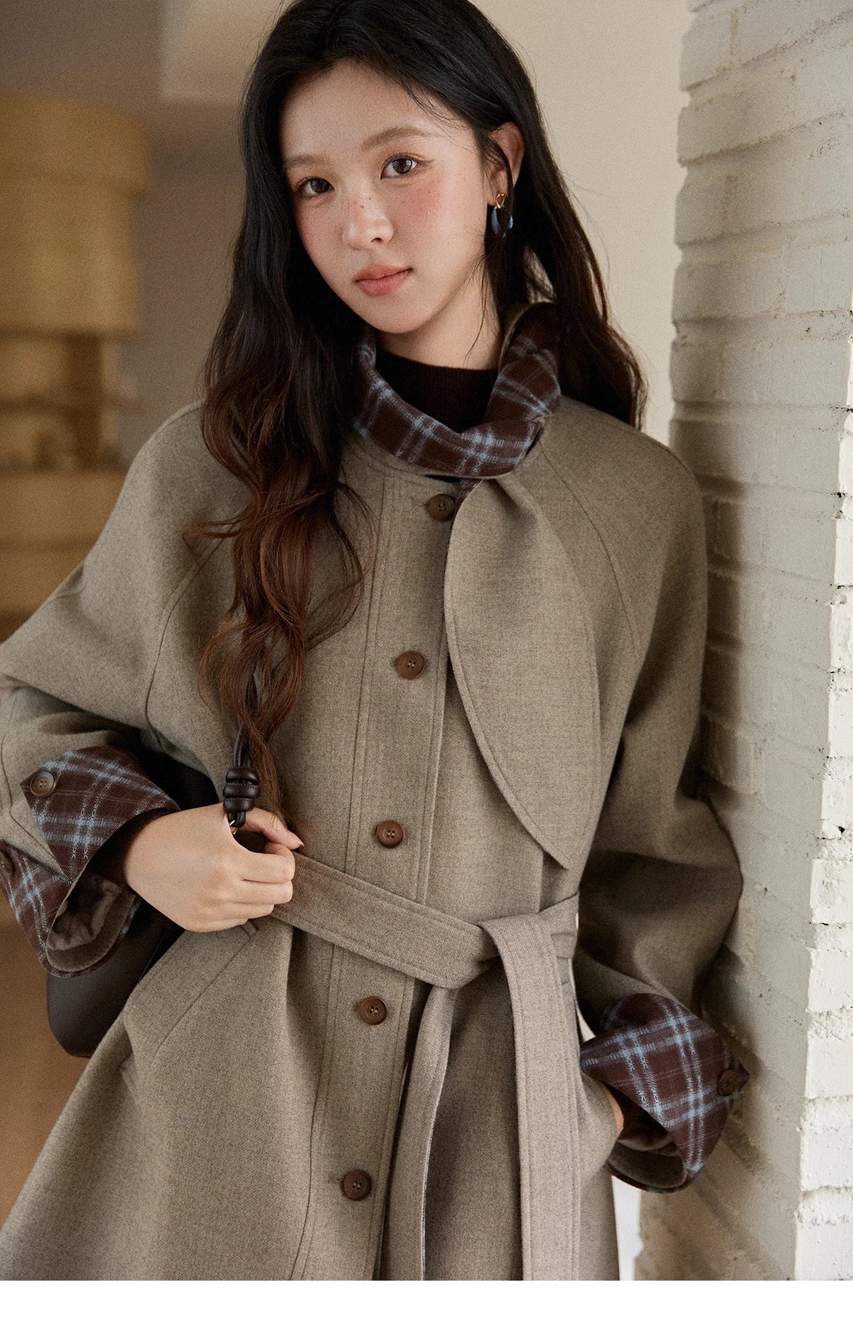 MISHOW Retro British Plaid Patchwork Woolen Coat Winter 2025 Rabbit Ear Tie Collar Waist Cinching Belt Woolen Coats MXE90W0924
