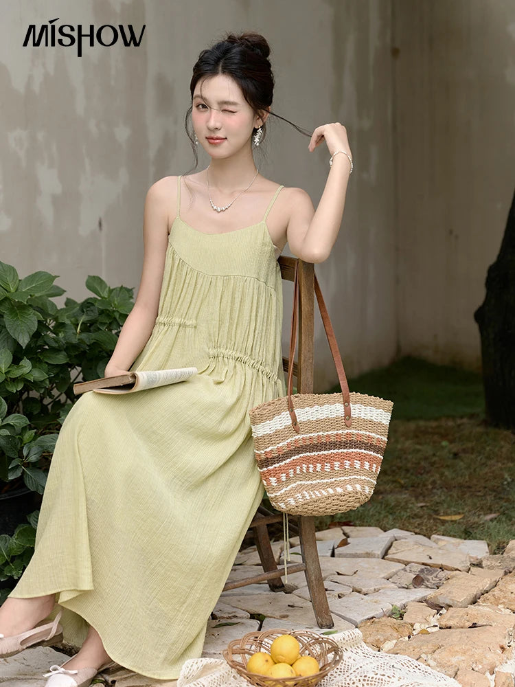 MISHOW Irregular Pleated Suspender Long Dress for Women 2025 Summer Olive Green Dress Loose Drawstring Waist Dresses MXD31L1928