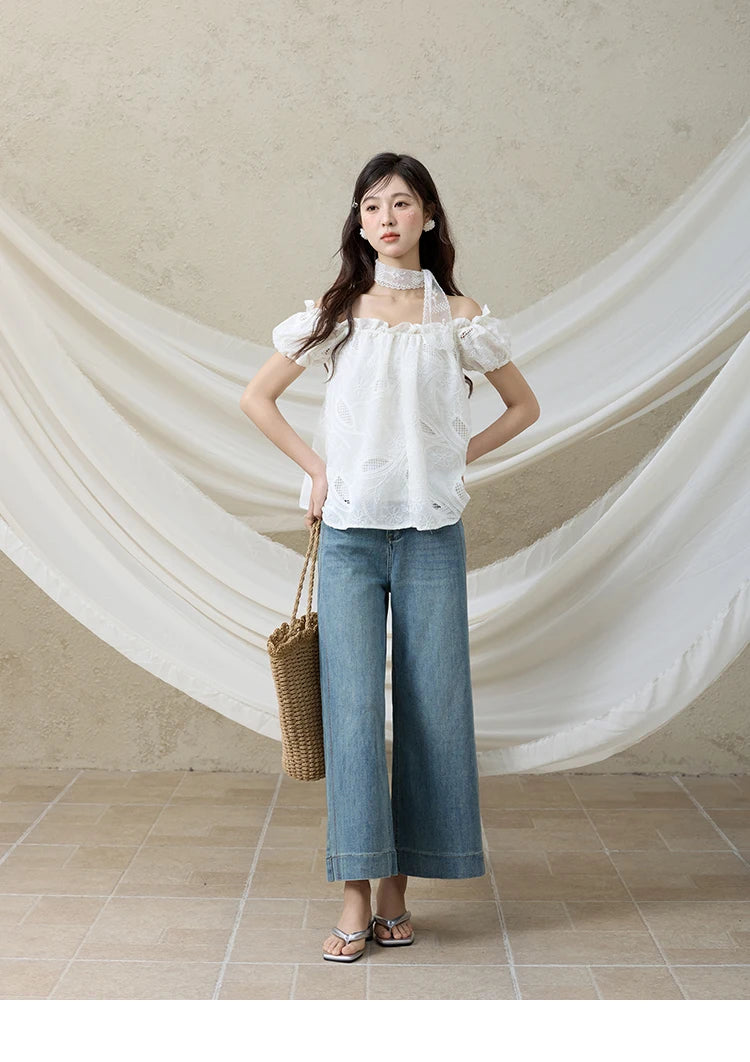 MISHOW French Summer Shirts Women New 2025 Slash Neck Short Sleeve Solid Lace Blouses Female Fashion Slim Tops Lady MXE35X1775