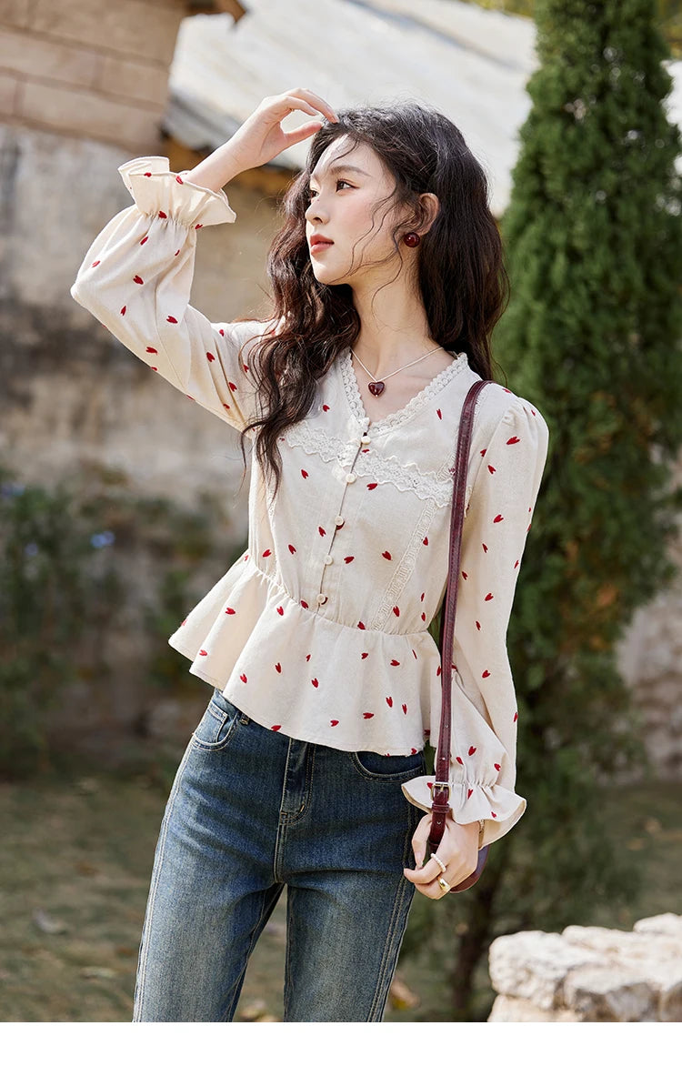 MISHOW Women's Love Embroidered V-neck Blouses 2025 Spring Linen Cotton Retro Slim Tops Sweet Waist Ruffle Blouse MXE13X1700