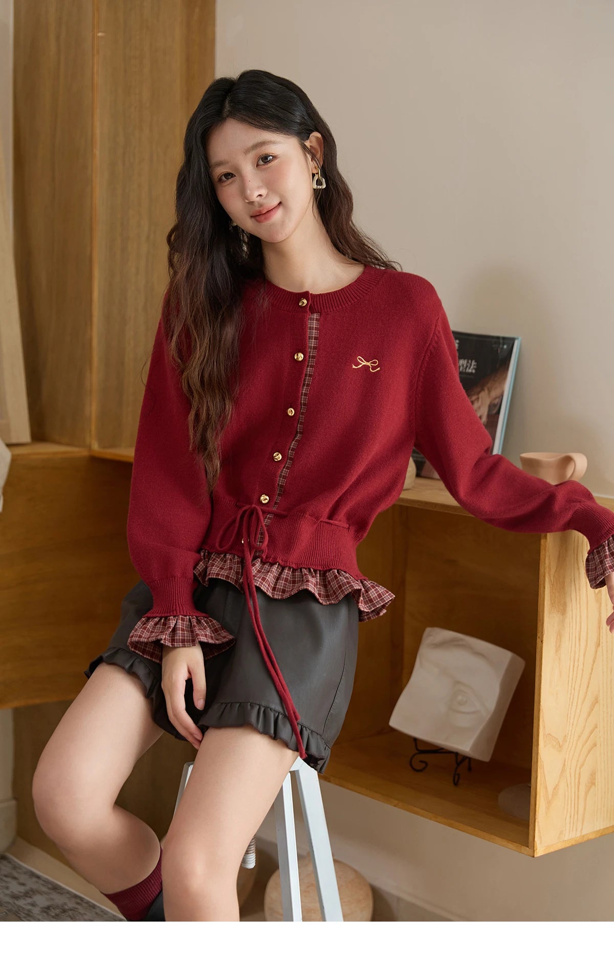 MISHOW Christmas Women's Cardigan 2025 Red Fake Two-Piece Plaid Patchwork Knit Top O-Neck Single-Breasted Outerwear MXE45Z2483