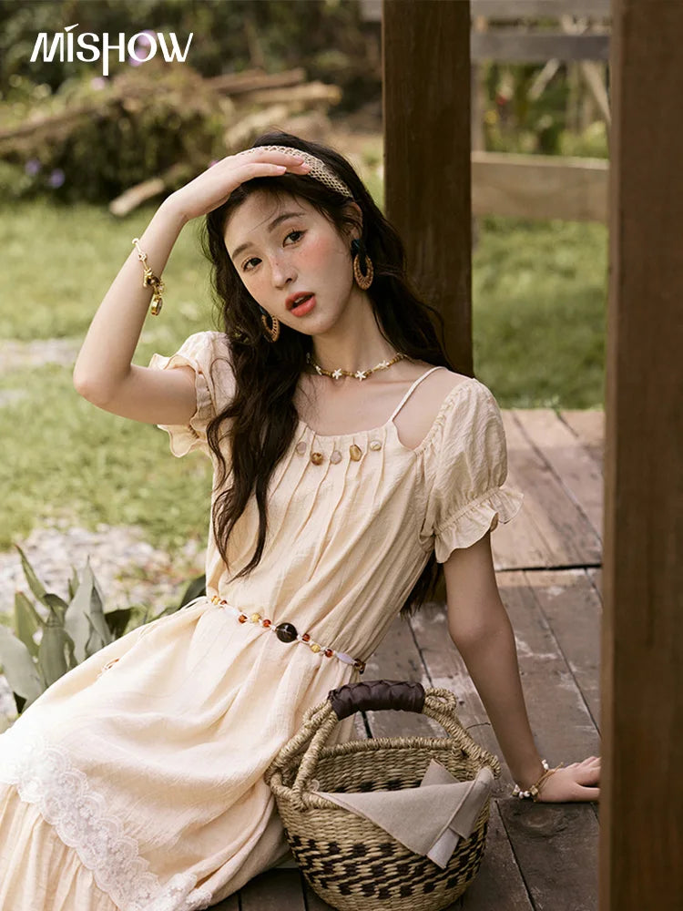 MISHOW French Holiday Summer Dresses Women Summer 2025 Short Sleeve Halter Neck Off-shoulder Long Dress Female New MXE31L2190