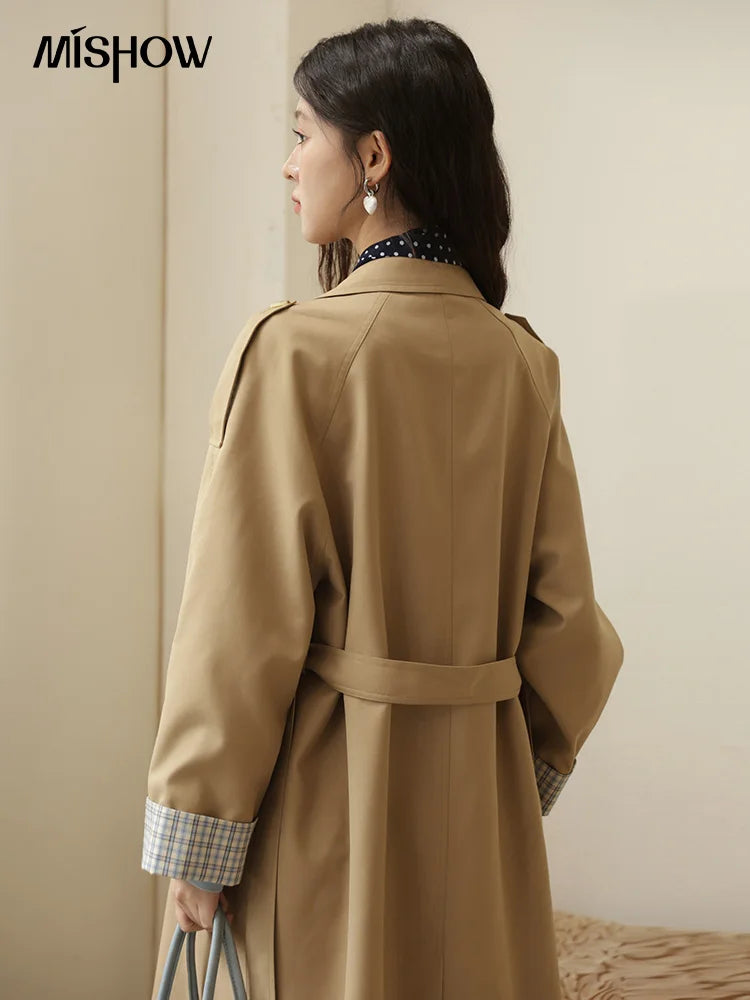 MISHOW Khaki Retro Plaid Flip Sleeve Trench Coat Autumn 2025 Double Breasted Belt Medium Length Trench Office Lady MXE44W0814