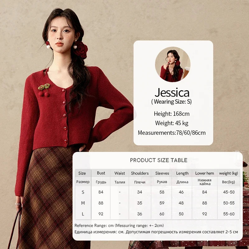 MISHOW Red Knitted Short Cardigan Women Autumn Winter New Cherry Ornaments Sweet Slim Fit V-neck Long Sleeve Tops MXD112Z1006