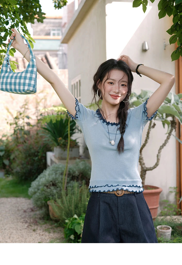 MISHOW Women's Round Neck Knit T-shirt Summer 2025 Fashion Ear Edge Short Top Casual Short Sleeve Tee Female Clothing MXE32Z1233