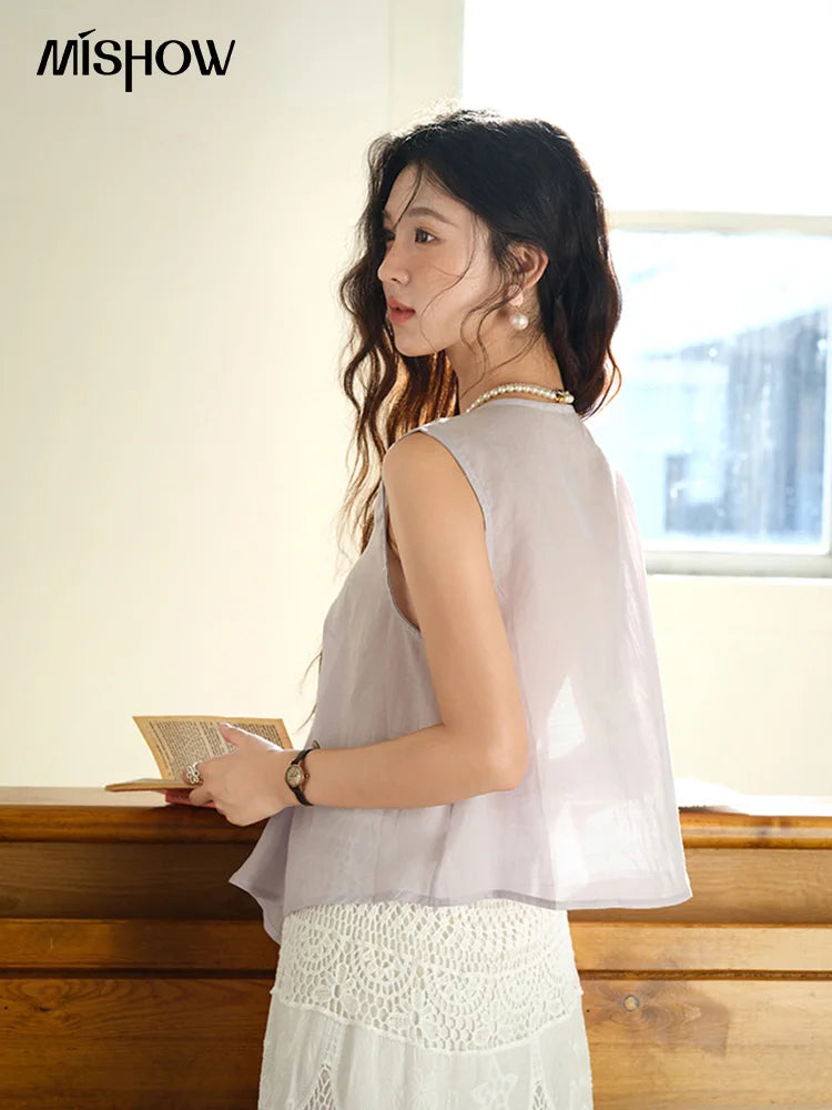 MISHOW Fashion V-neck Blouse for Women 2025 Summer New French Sleeveless Solid Button Kink Casual Top Female Clothing MXE39X1960