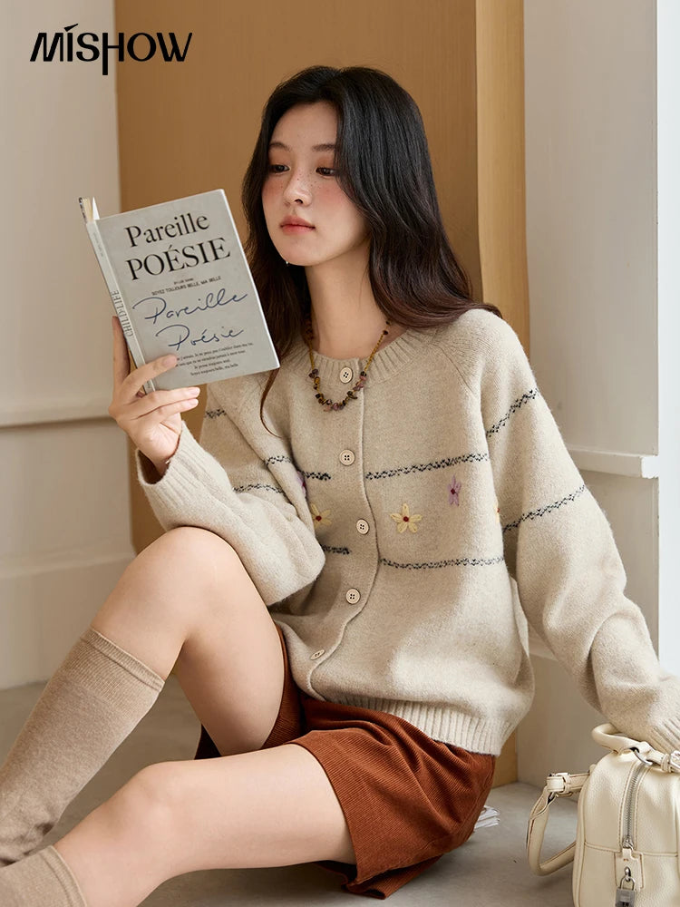 MISHOW Women Cardigan Long Sleeve 2025 Autumn Winter Flower Embroidered Knitted Cardigan Commute Loose Blue Knit Top MXE46Z2581