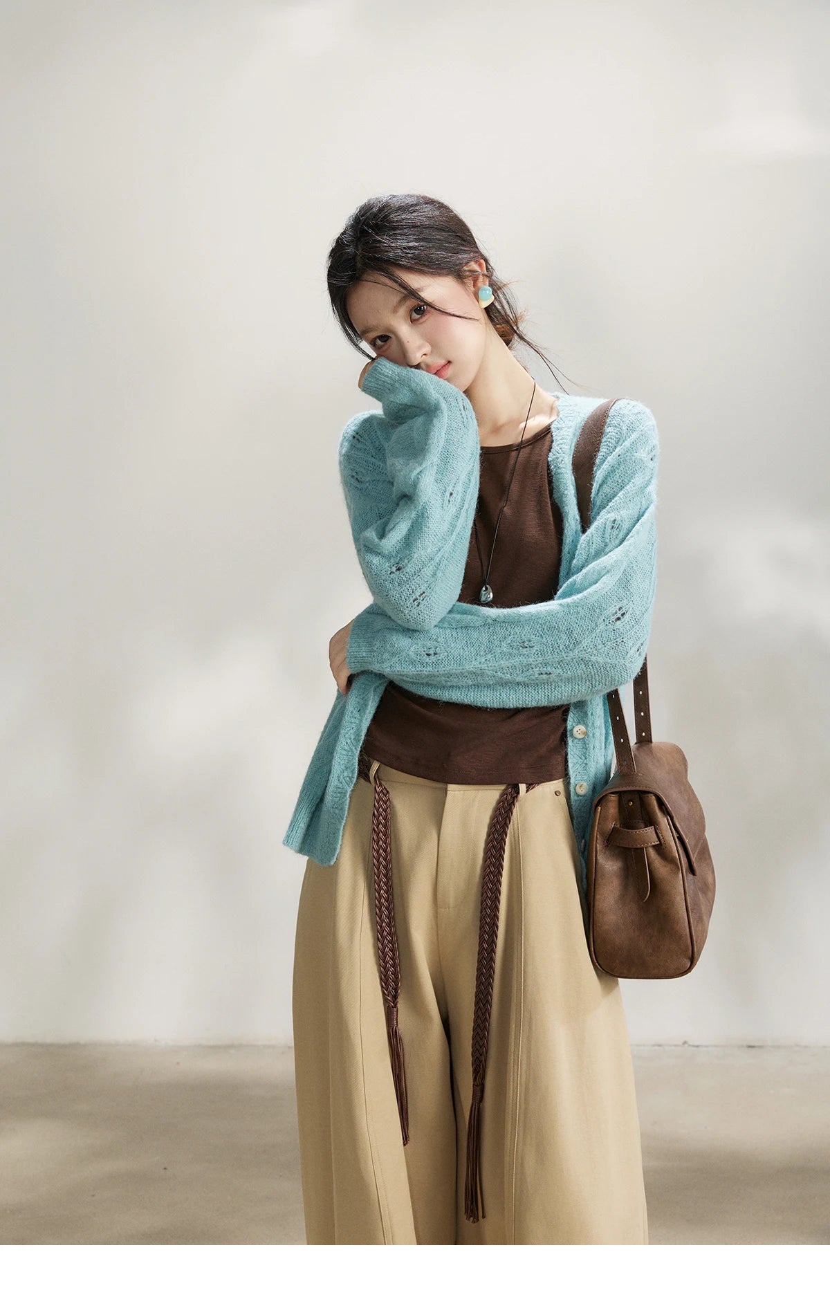 MISHOW Women's Blue Hollow Out Knit Cardigan 2026 Spring V Neck Wool Blend Tops Single Breasted Casual Thin Sweater MXF13Z2975