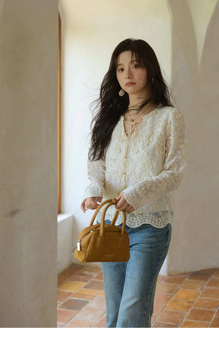 MISHOW Apricot Lace Jacquard Embroidered Shirt 2025 Autumn Black Fungus Edge Lace-up Vintage Commuter Top Office Lady MXE41X1927