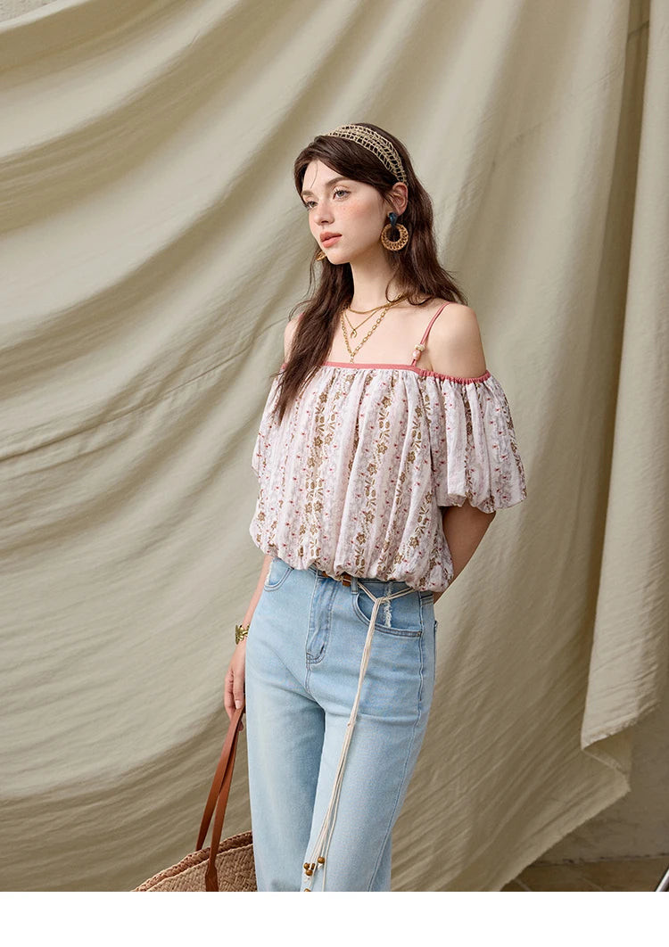 MISHOW French Summer Blouses Women New 2025 One-shoulder Floral Short Sleeve Contrast Color Shirts Woman Fashion MXE31X1767