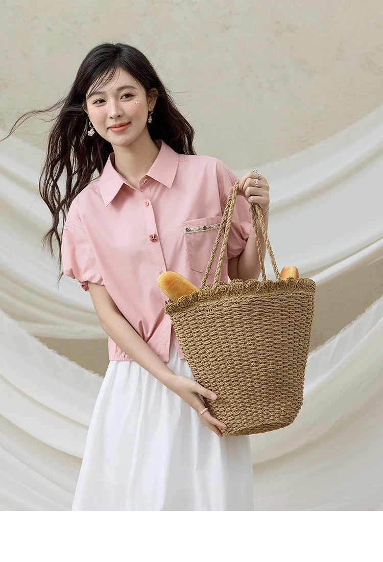 MISHOW Casual Summer Blouses Women 2025 New Short Puff Sleeve Turn Down Collar Shirt Female Fashion Shell Ribbon Tops MXE33C0773