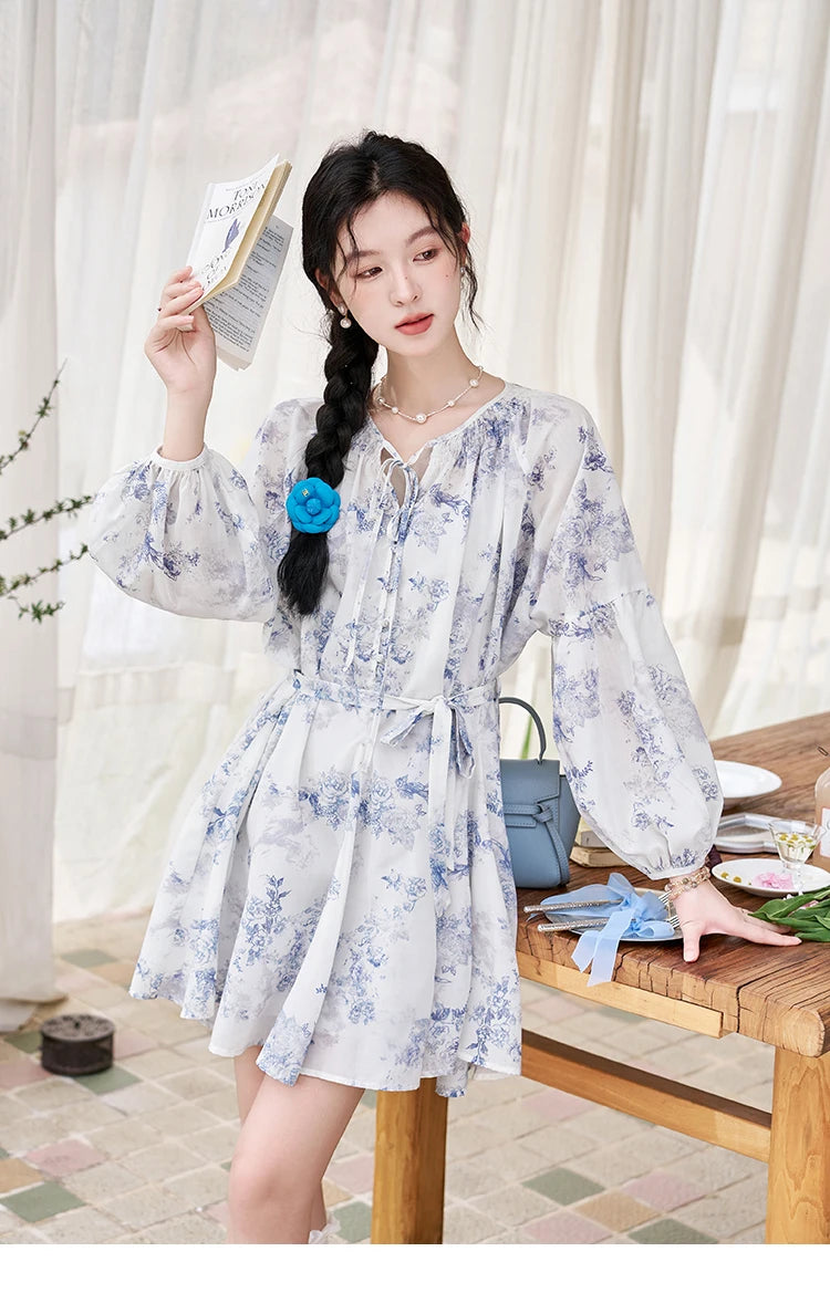 MISHOW Fairy Temperament Floral Puff Sleeved Chiffon Dress Spring Summer 2025 Lace-up O Neck Waist Knee-Length Dress MXD14L1681