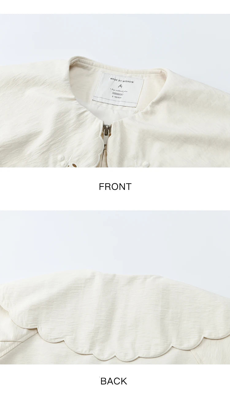 MISHOW Women's Wheat Sprout Embroidery Coat Autumn 2025 Beige Doll Collar Hem Folded Short Coats Loose Zipper Jackets MXE45W0860