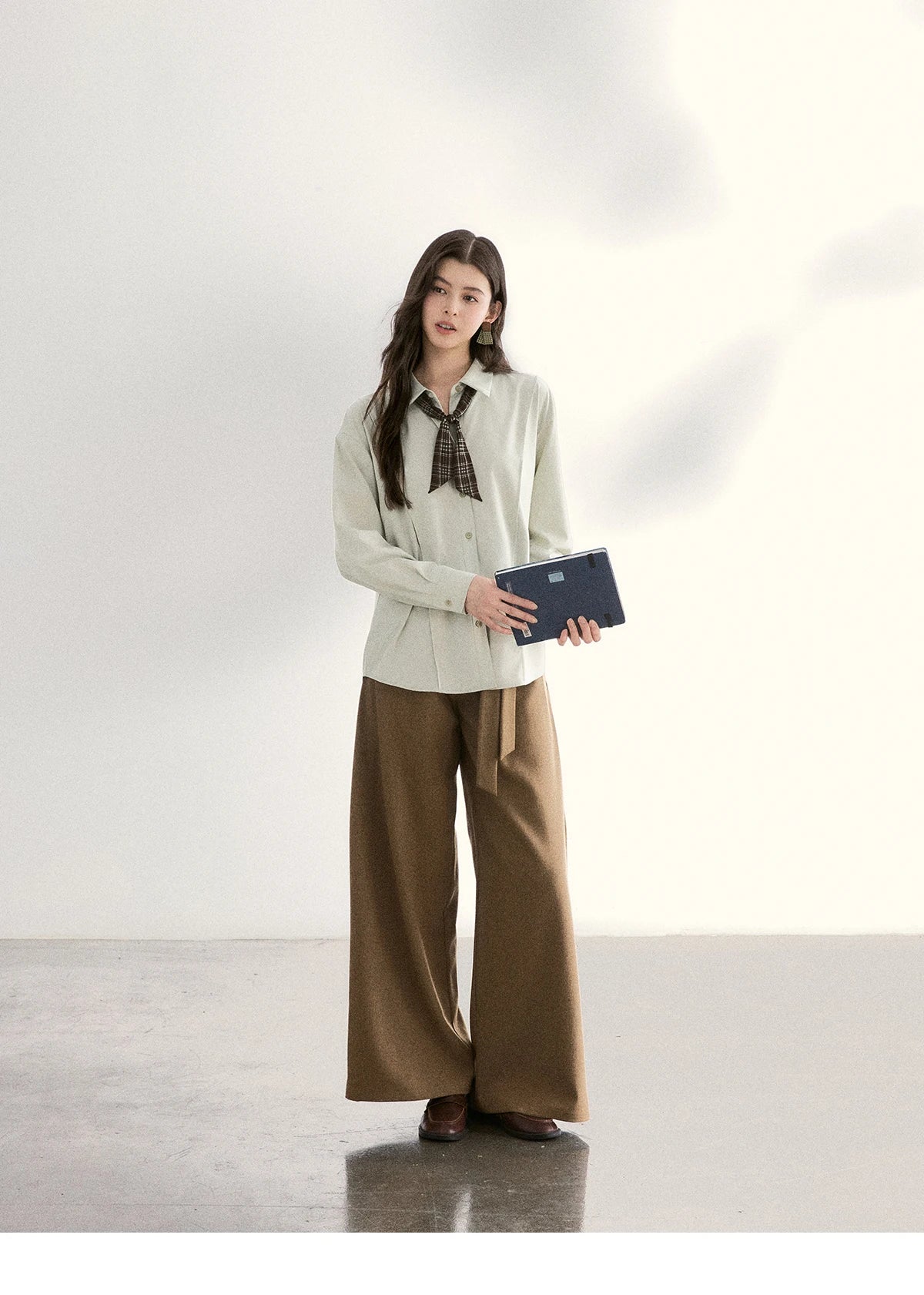 MISHOW Women's Casual Loose Shirt with Plaid Scarf 2026 Spring Lapel Tops Versatile Long Sleeve Shirts Office Lady MXF108C0815