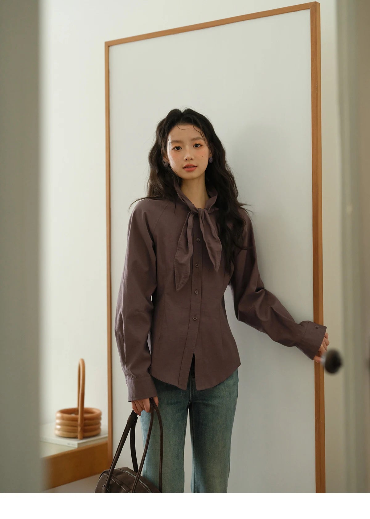 MISHOW Ash Purple Shirt Curved Hem Ribbon Neck Slim MXE42C2383