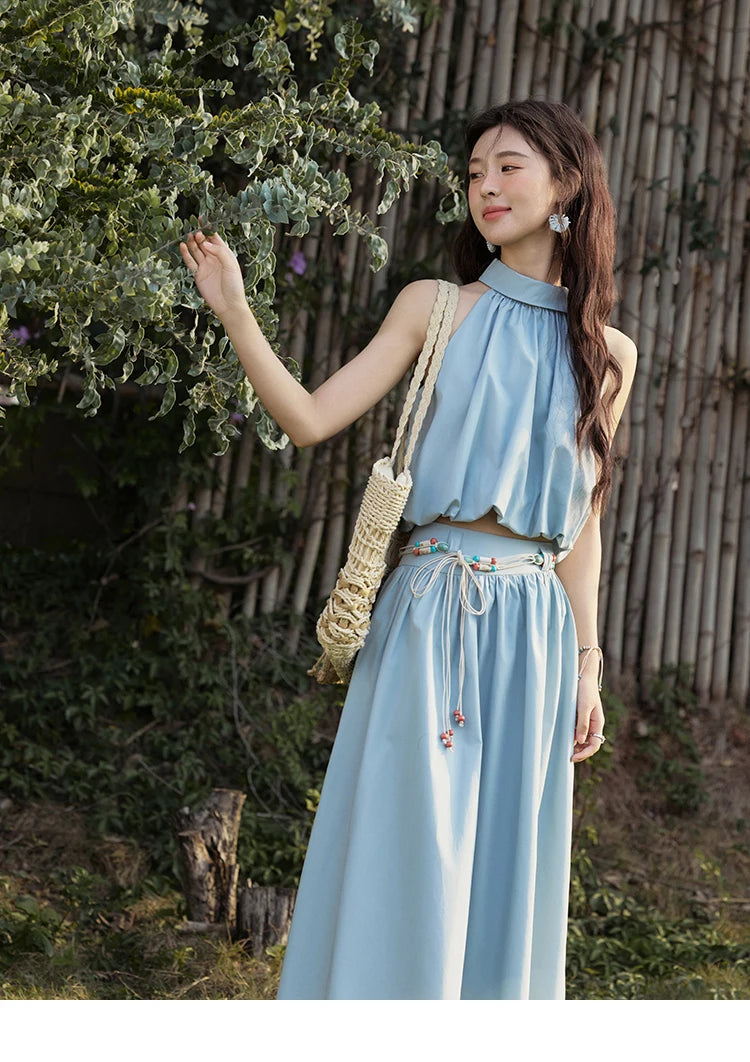 MISHOW Vacation Skirt Set Woman 2025 New Solid Halter Neck Sleeveless Short Tops Midi Loose Skirt Female with Belt MXE33T0546