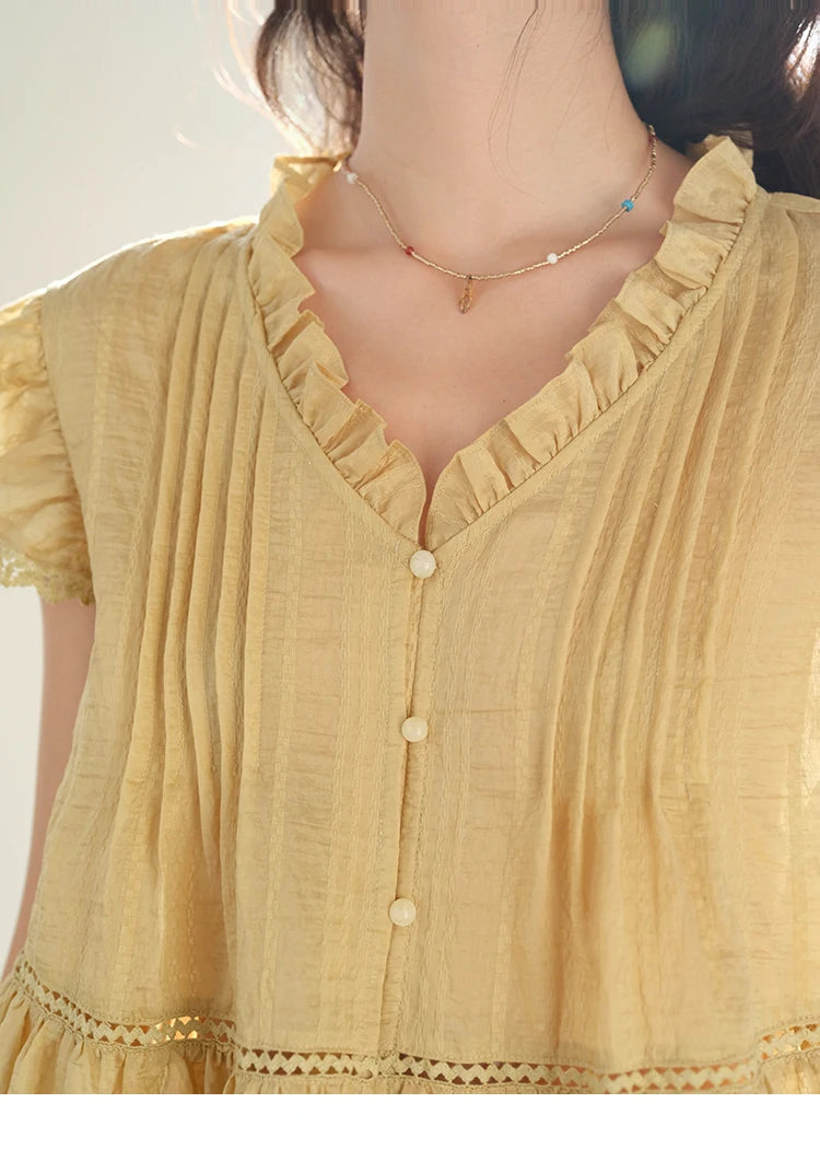 MISHOW Women's Summer Shirt 2025 New Wood Ear V-neck Flying Sleeve Shirt Casual Wrinkle Spliced Button Ladies Top MXE37X1908