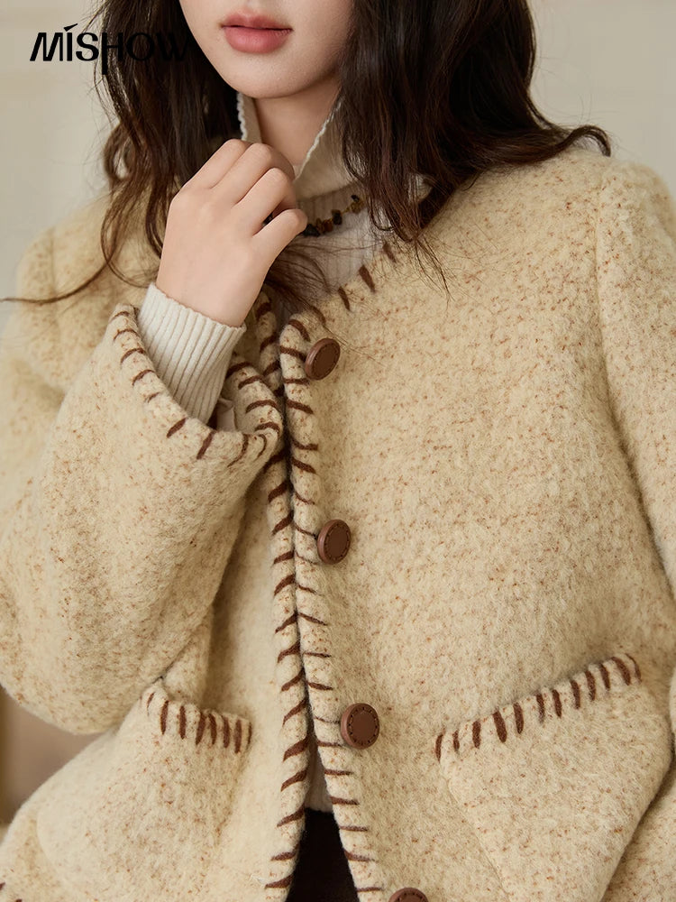 MISHOW Women Winter Jacket 2025 Fashion New Apricot Round Neck Single-breasted Wool Coat Elegant Commuting Short Coat MXE88W0885