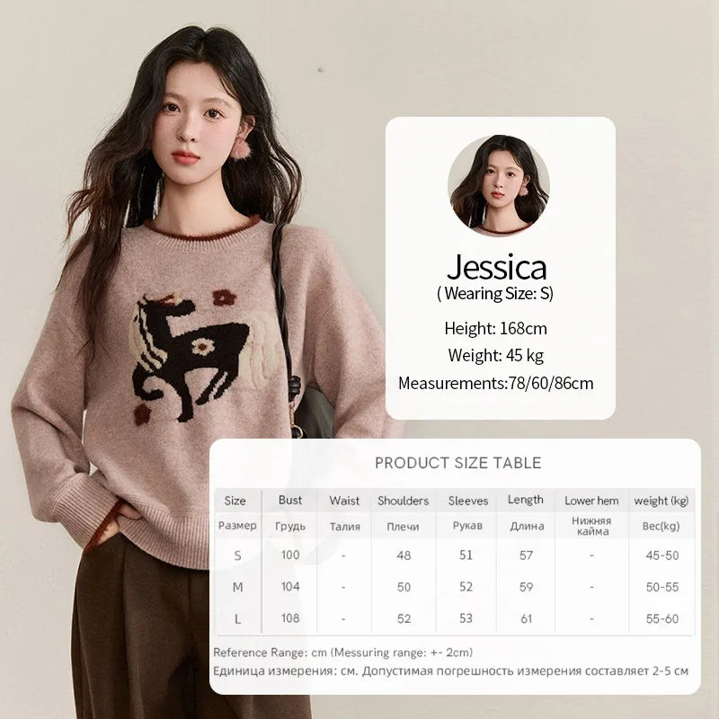 MISHOW Women's Horse Pattern Knit Sweater Winter Crew Neck Sweaters Collar Cuffs Splice Contrasting Faux Mink Fur Top MXE94Z2863