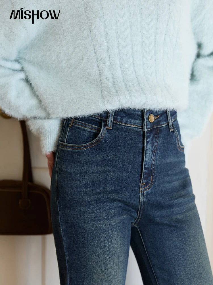 MISHOW Women's Jeans 2025 Autumn Winter Denim Blue Flared High Waist Slim Jeans New Retro Commute Wide Leg Trousers MXE51K1092