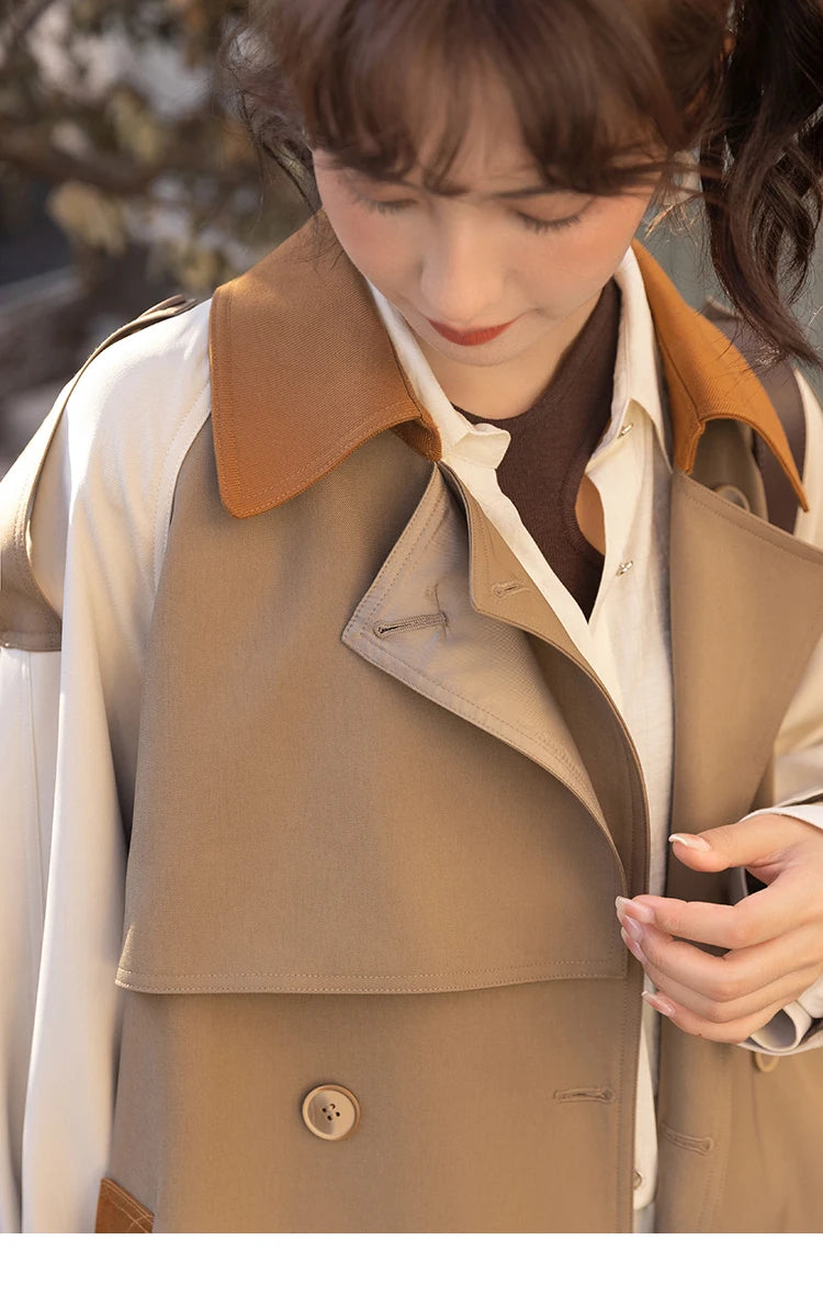 MISHOW Autumn Women's Khaki Trench Contrast Color Woman Clothes Spliced Turn-down Collar All-match Casual Jacket MXB31W0367