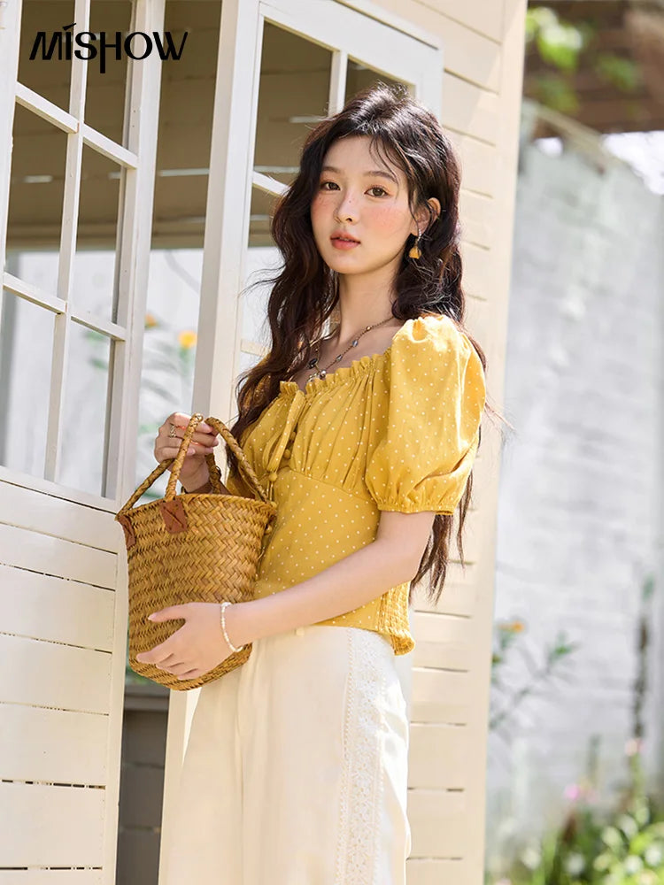 MISHOW Yellow Polka Dot One Shoulder Blouses for Women Summer 2025 Back Elastic Vintage 100 Cotton Top Lace-up Blouse MXE35X1840