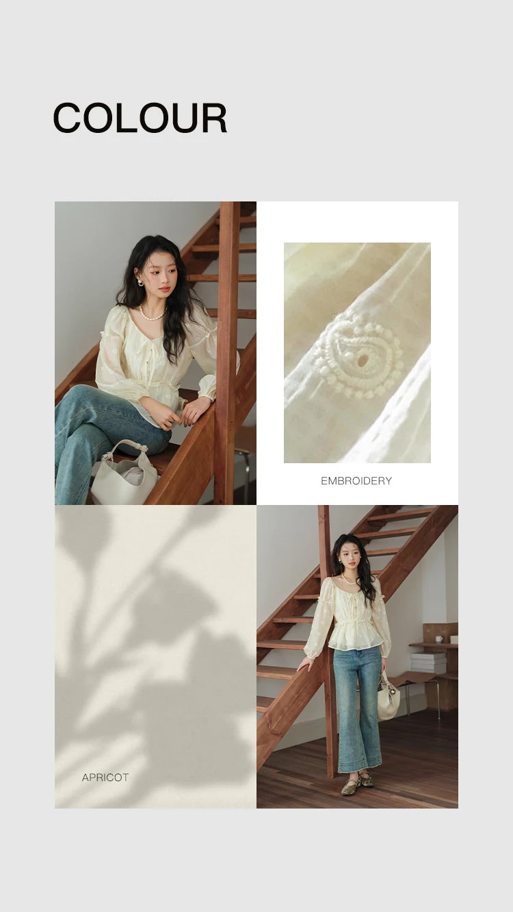 MISHOW Women's Fashion Cashew Flower Embroidered Blouse 2025 Autumn V-neck Lace Up Puff Sleeve Ladies Elegant Top MXE41X1945