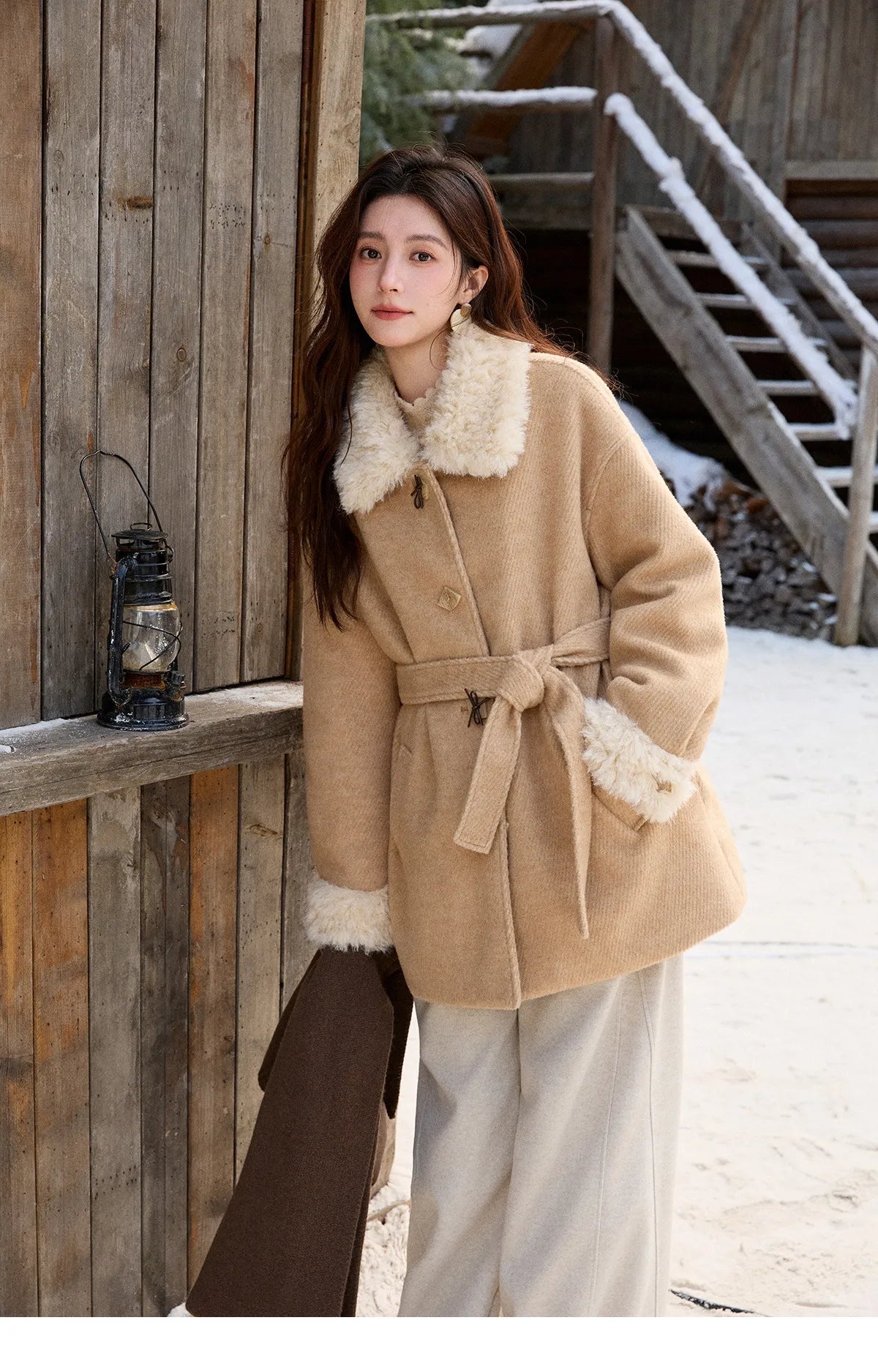 MISHOW Women's Thick Wool Blend Coat 2025 Winter Korean Retro Fleece Patchwork Coats Belted Lapel Elegant Overcoat MXE92W0997