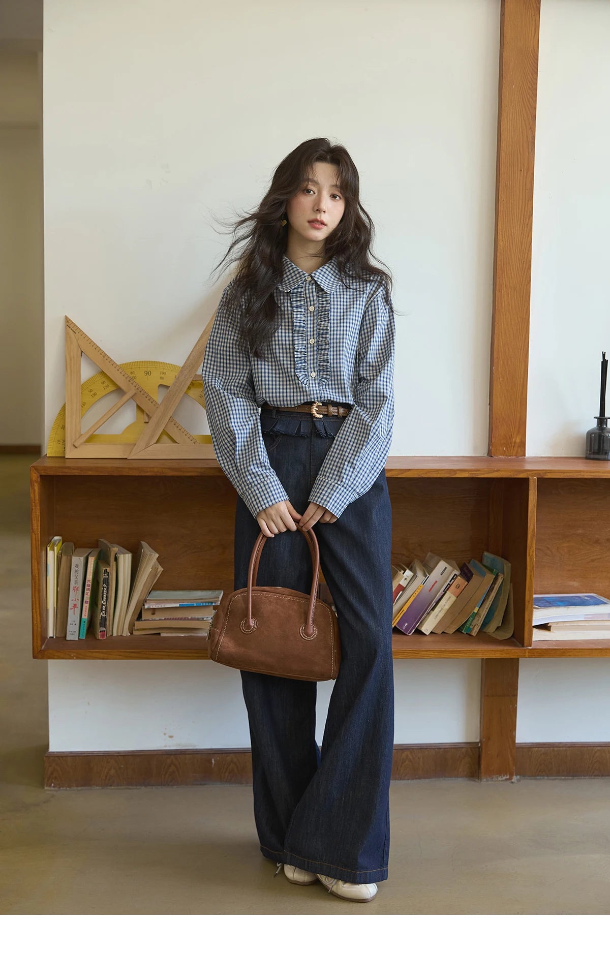 MISHOW Autumn Blue Plaid 100 Cotton Shirts 2025 Doll Collar Dropped Shoulder Sleeves Casual Top Retro Commuter Shirt MXE44C2391