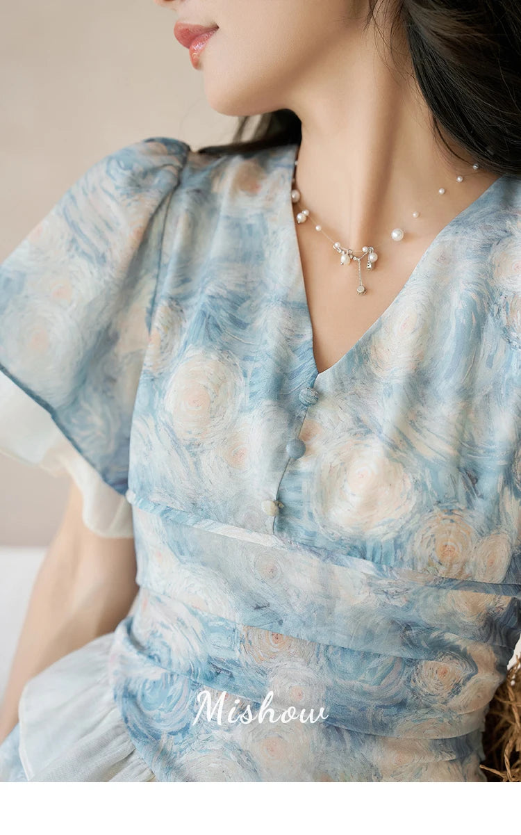 MISHOW [Van Gogh Collection] Fairycore Dresses 2025 Summer Double Layer Sleeves Asymmetrical V-Neck Printing Dress MXC39L1527