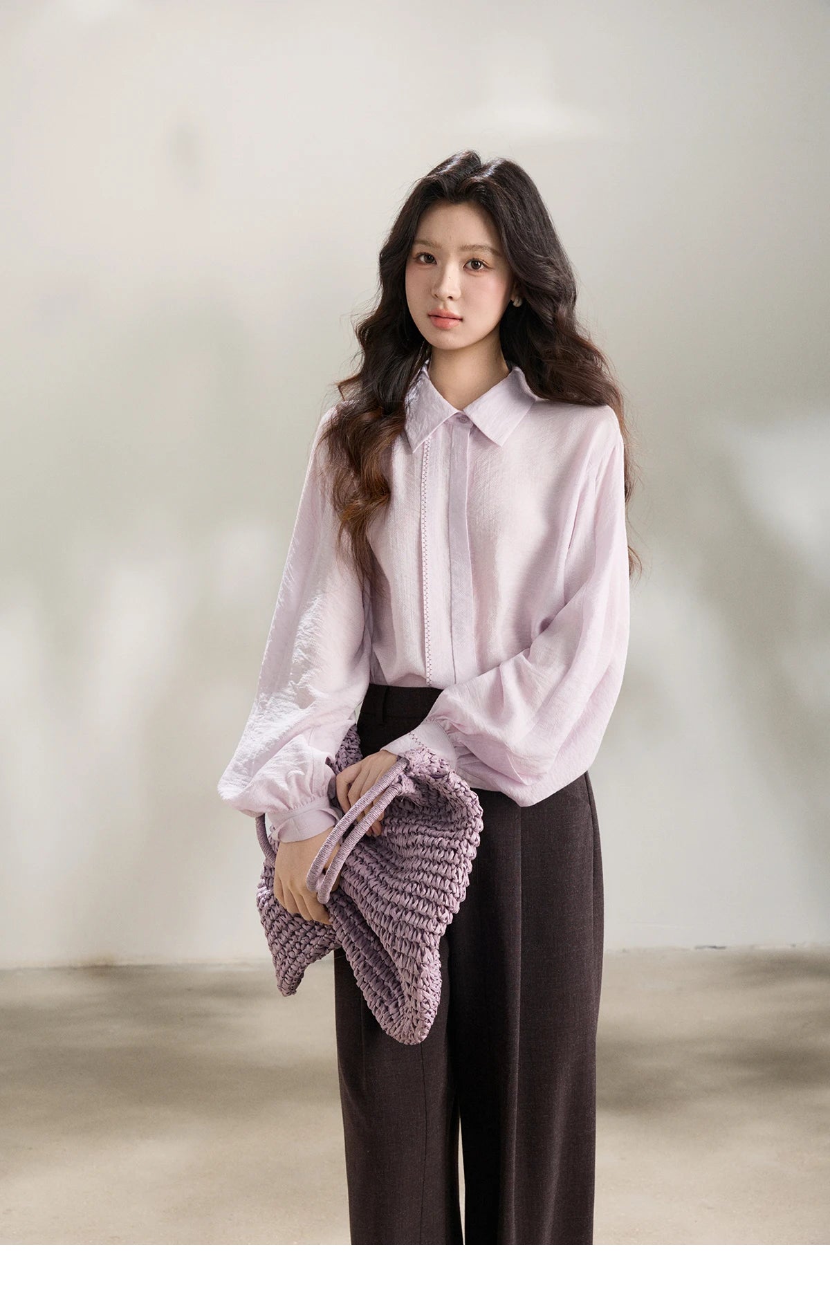 MISHOW Women's Lapel Lantern Sleeve Shirts 2026 Spring Lace Trim Casual Loose Breathable Solid Shirt Office Lady MXF13C2436