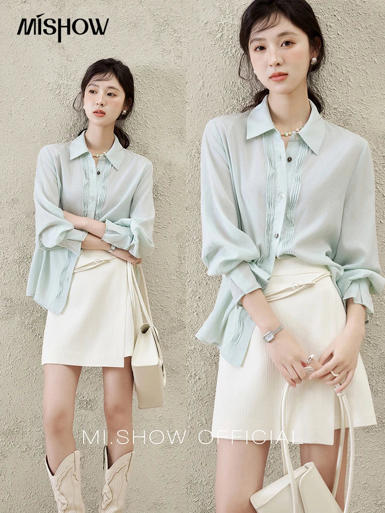 MISHOW Wave Striped Single Breasted Shirt for Women Spring 2025 Shell Buttons Solid Shirts Loose Commuter Outerwear MXE16C0422