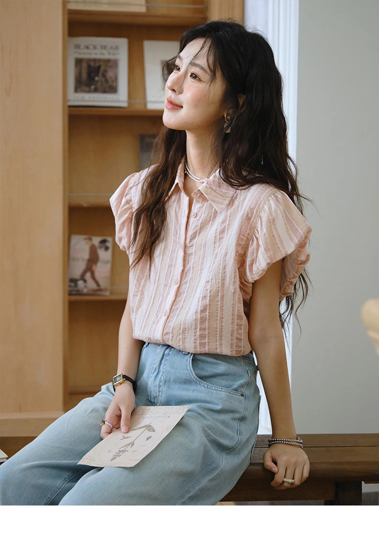 MISHOW Pink Turn-down Collar Flower Bud Sleeve Shirt for Women 2025 Summer New Women's Clothing Button Striped Shirt MXD24C0204