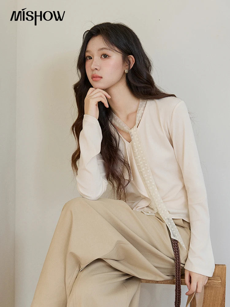 MISHOW Women's V-neck Splicing Lace Ribbon Long Sleeve Tops Spring Ruffled Asymmetrical Hem Flare Sleeve Knitwear MXF108Z1016