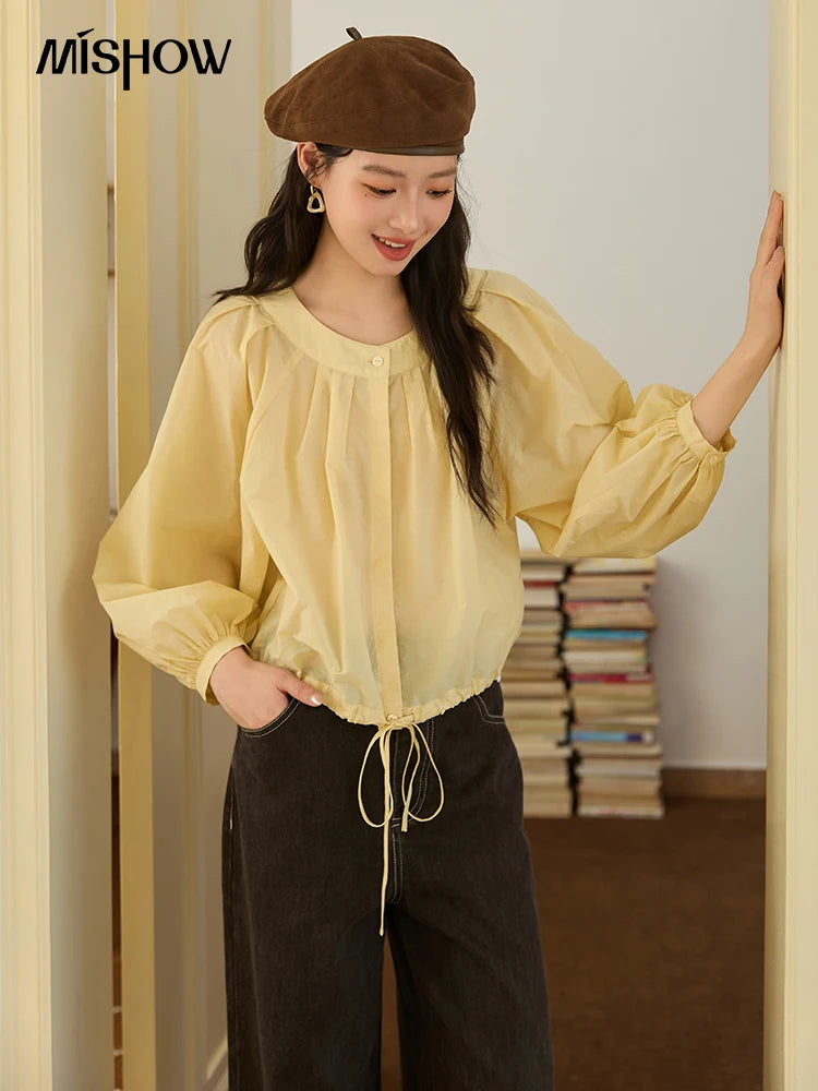 MISHOW Light Yellow Pleated Shirt 2025 Autumn Drawstring Hem Lantern Sleeve Top O-neck Cotton Blend Casual Shirts MXE45X2490