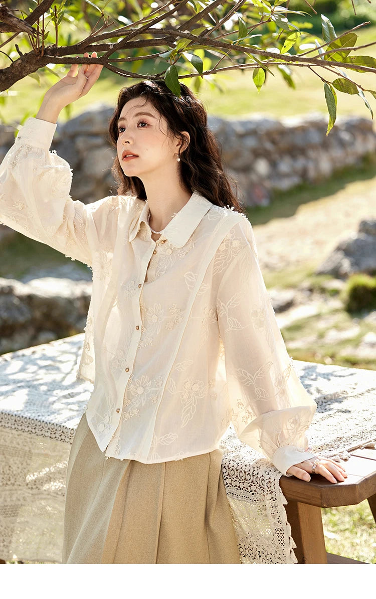 MISHOW 100Cotton Embroidered Jacquard Shirt for Women Spring 2025 Long Sleeved Loose Top Lapel Single Breasted Shirts MXE12C0391