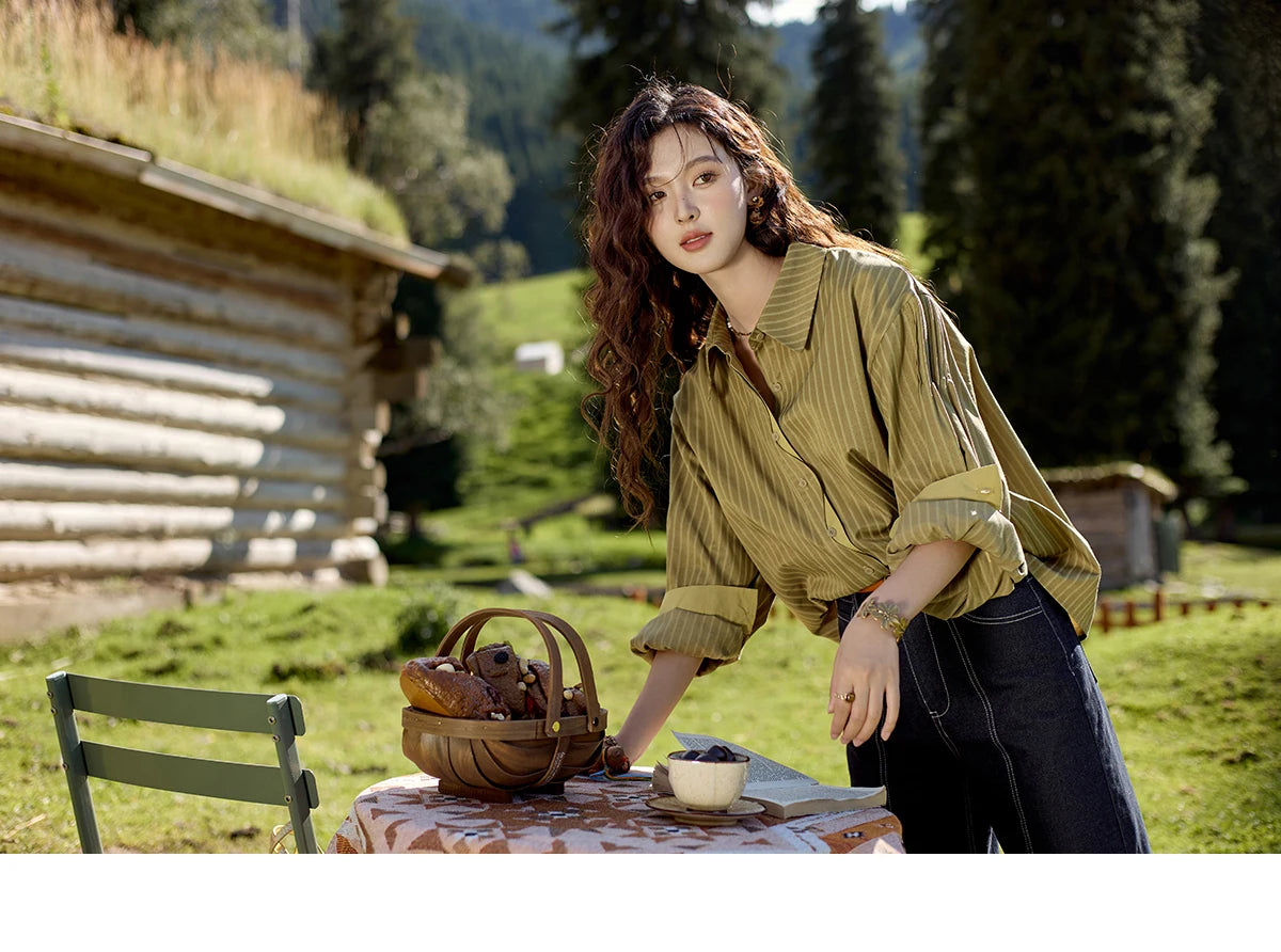 MISHOW Striped Casual Shirt for Women 2024 Autumn Retro Lapel Long Sleeve Top Contrasting Cuffs Shirts Office Lady MXD42C0301