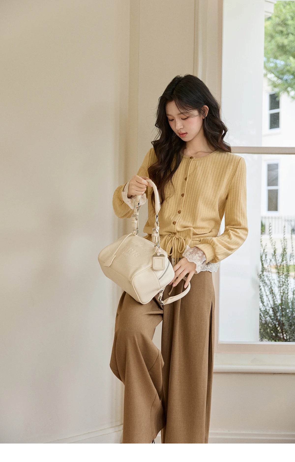 MISHOW Women's Yellow Ribbed Cardigan Spring Lace Trim Drawstring Waist Thin Knitted Sweater Long Sleeve Casual Top MXF11Z2919