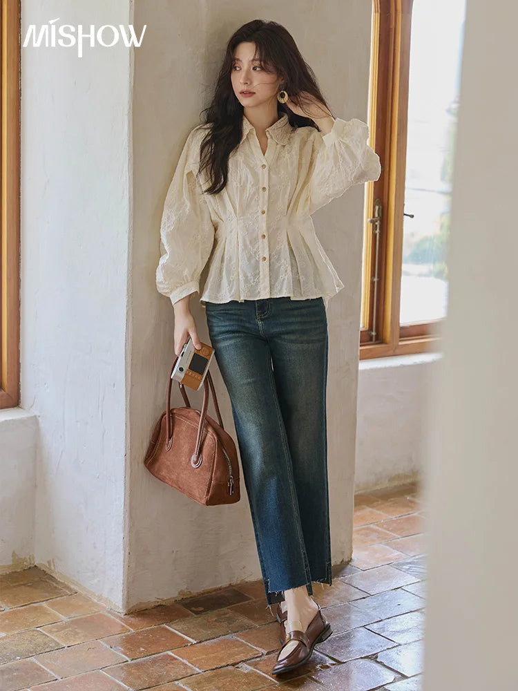 MISHOW Women's Lantern Sleeve Blouse 2025 Autumn French Lace Hollow Out Lapel Collar Shirts Waist Hem Ruffle Tops MXE42C2372