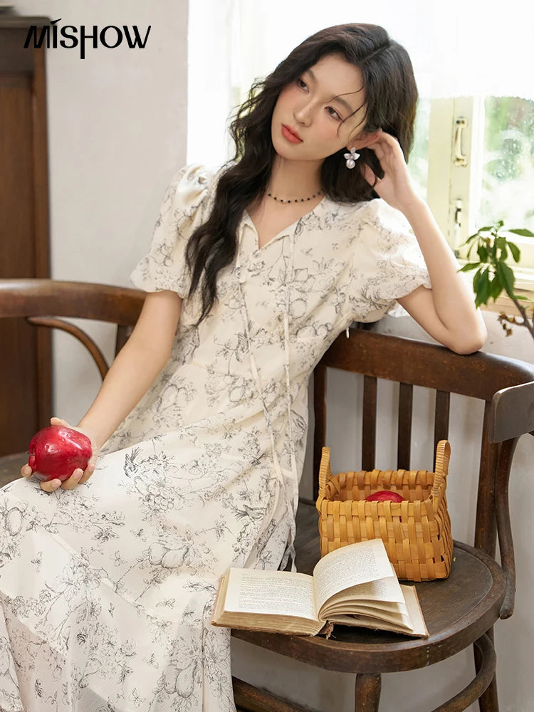 MISHOW Women's Print Chiffon Dresses 2025 Summer New Floral Short Sleeve Mid-length A-line Lace-up French Lady Dress MXD27L1841