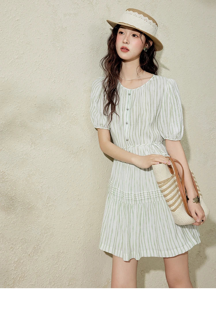 MISHOW French Green Striped Dress Women Summer 2025 Short Puff Sleeve Round Neck New Mid-length Dresses Woman Fashion MXE15L2141