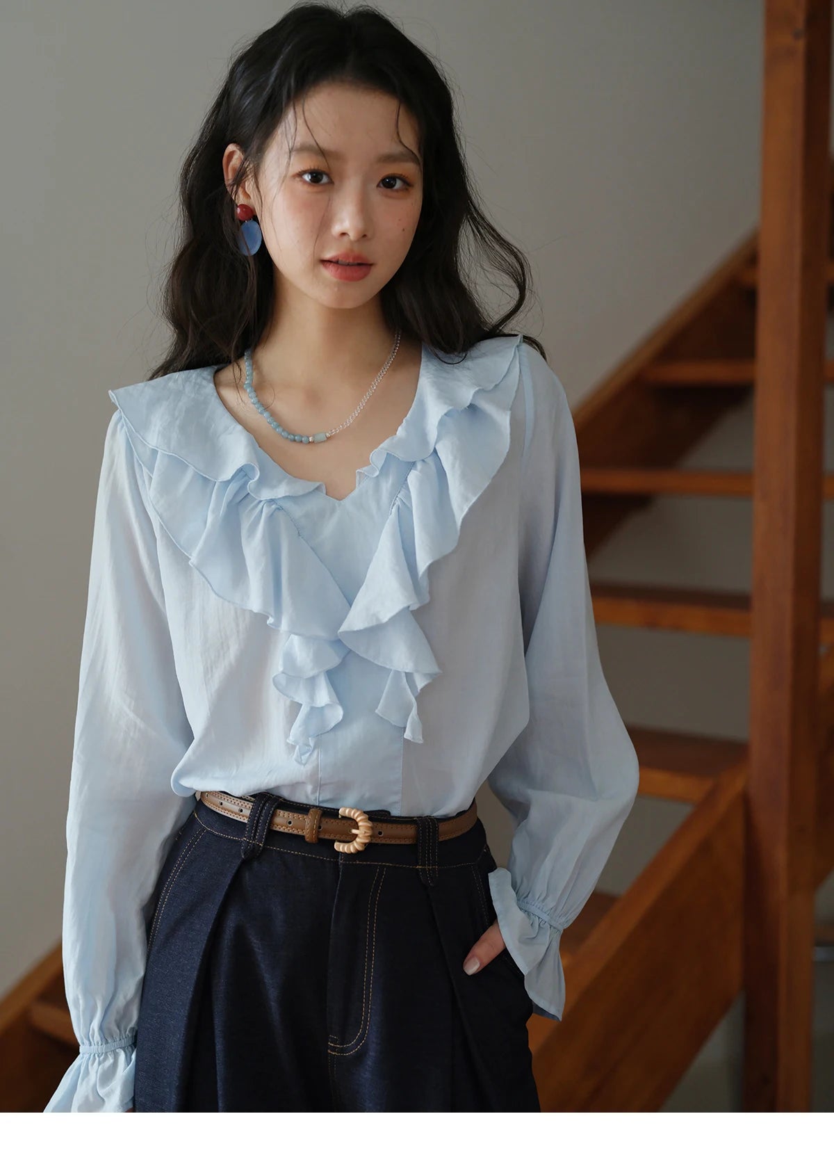MISHOW Blue Lyocell Ruffled Shirt 2025 Autumn V-neck Flared Sleeves V-neck Shirts Commuting Elegant Versatile Tops MXE41X1969