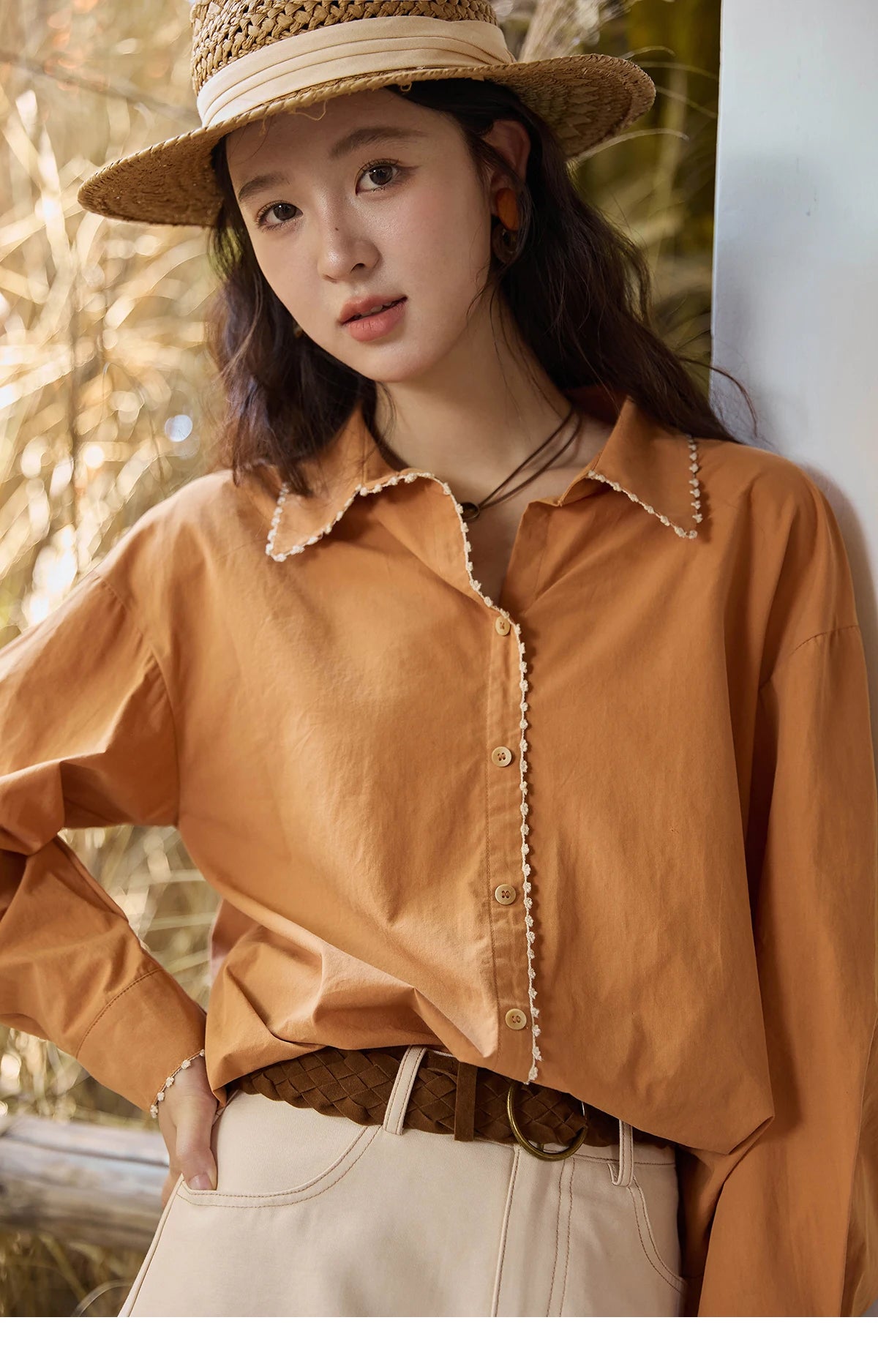 MISHOW Women's 100% Cotton Shirt 2025 Autumn Korean Lapel V-neck Single Breasted Tops Lace Trim Shirts Office Lady MXE43C2377