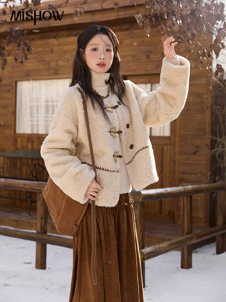 MISHOW Winter Jackets Women 2025 Retro Apricot Imitation Lambswool Coat Commuter Round Neck Single-breasted Jacket MXE51W0874