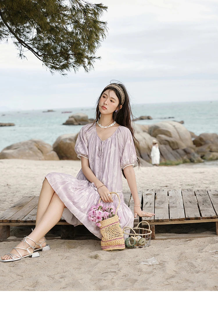 MISHOW Print Summer Chiffon Dress Women 2025 Short Sleeve U Neck Splicing Hollow Lace Midi Dresses Lady New Fashion MXE32L2164