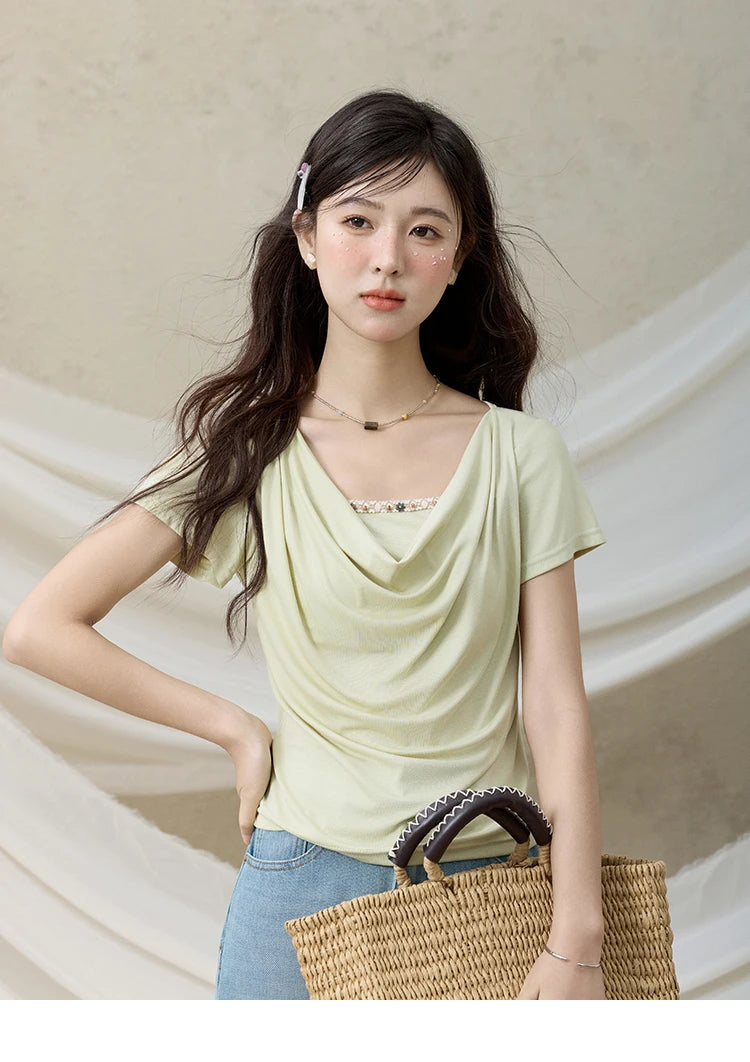 MISHOW Casual Summer Shirts Women 2025 Fashion Short Sleeve Swing Collar Solid T-shirt Female Slim Shell Ribbon Tops MXE33T0524